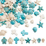 90Pcs 8 Styles Dyed Synthetic Turquoise Beads, Skull & Starfish & Sea Turtle & Cross, Mixed Shapes, Mixed Color, 8~16x6~15x3.5~10mm, Hole: 1~1.5mm(TURQ-AR0001-30)