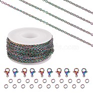DIY Chain Jewelry Set Making Kit, Including Rainbow Color Ion Plating(IP) 304 Stainless Steel 5M Cable Chains & 10Pcs Clasps & 20Pcs Jump Rings, 1Pc Plastic Spool, Rainbow Color, Cable Chains:  3x2.5x0.5mm(STAS-SZ0002-27)