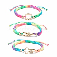 Ring & Cross & Lobster Claw Clasps Shape Brass Micro Pave Cubic Zirconia Link Bracelets Set, Colorful Cord Braided Bracelets for Girl Women, Golden, Inner Diameter: 2~3-1/4 inch(5~8.2cm), 3pcs/set(BJEW-JB07081)