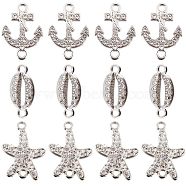 30Pcs 3 Styles Alloy Connector Charms with Crystal Rhinestone, Oval & Anchor & Starfish, Platinum, 8~22x13.5~18.5x2~2.5mm, Hole: 1~1.8mm, 10pcs/style(FIND-SC0007-89)