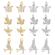16Pcs 8 Style Brass Micro Pave Cubic Zirconia Charms, with Jump Ring, Bird/Butetrfly/Dragonfly Charm, Platinum & Golden, 9~14x10~11x1.5~3mm, Hole: 3.2~3.4mm, 2pcs/style(ZIRC-DC0001-25)