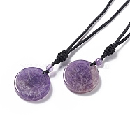 Natural Amethyst Flat Round with Hexagon Pendant Necklace with Nylon Cord for Women, 25.59~27.95 inch(65~71cm)(NJEW-P274-05-02)