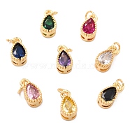 Real 18K Gold Plated Brass Inlaid Cubic Zirconia Charms, with Jump Ring, Long-Lasting Plated, Teardrop, Mixed Color, 9x5x4mm, Jump Ring: 4x0.5mm, 2.5mm Inner Diameter(ZIRC-L100-077G)