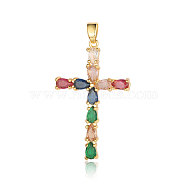 Brass Micro Pave Colorful Cubic Zirconia Pendants, Cross Charms, Real 18K Gold Plated, 34x21x3.4mm(ZIRC-OY005-01G)