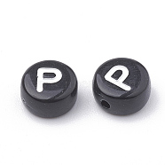 Opaque Acrylic Beads, Horizontal Hole, Alphabet Style, Flat Round, Letter.P, 7x4mm, Hole: 1.5mm, about 370pcs/50g(X-SACR-N002-02P)