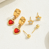 3 Pairs Elegant Red Heart & Star & Round Stainless Steel Earrings Set, with Rhinestone, Golden, 30x10.5mm(SS5337)