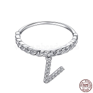 Rhodium Plated 925 Sterling Silver Micro Pave Clear Cubic Zirconia Finger Ring for Women, Letter, with 925 Stamp, Real Platinum Plated, Letter V, 1~2.3mm, US Size 7(17.3mm)(RJEW-F150-16B-17P)