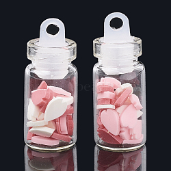 Handmade Polymer Clay Nail Art Decoration Accessories, with Glass Wishing Bottle and CCB Plastic Bottle Stopper, Heart, Pink, 6x3x0.5~1mm, bottle: 27.5x11mm, hole: 3mm(X-MRMJ-N032-65)