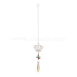 Iron Crown Hanging Crystal Chandelier Pendant, with Prisms Hanging Balls, for Home Window Lighting Decoration, Platinum, 385mm(HJEW-M002-09P)