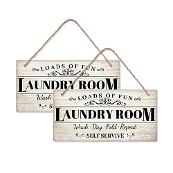 Natural Wood Hanging Wall Decorations, with Jute Twine, Rectangle with Word Laundry Room, White, Word, 15x30x0.5cm(HJEW-WH0015-060)