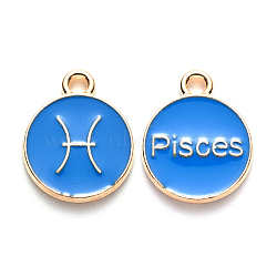 Alloy Enamel Pendants, Cadmium Free & Lead Free, Flat Round with Constellation, Light Gold, Dodger Blue, Pisces, 22x18x2mm, Hole: 1.5mm(X-ENAM-S124-01A-02H)