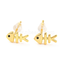 Rack Plating Brass with Cubic Zirconia Stud Earrings, Fishbone, Cadmium Free & Lead Free, Golden, 5x8.5mm(EJEW-G361-02G)