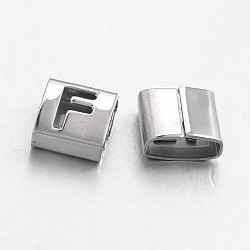 Tarnish Resistant Letter Style 201 Stainless Steel Square Slide Charms, Letter.F, 9x8x4mm, Hole: 8x3mm(STAS-L132-08)