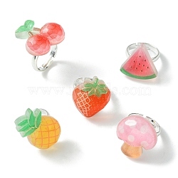 Fruit Resin Finger Ring, Silver Brass Adjustable Ring, Mixed Shapes, Inner Diameter: 14.5mm(RJEW-JR00642)