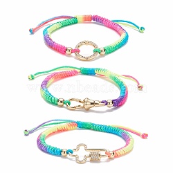 Ring & Cross & Lobster Claw Clasps Shape Brass Micro Pave Cubic Zirconia Link Bracelets Set, Colorful Cord Braided Bracelets for Girl Women, Golden, Inner Diameter: 2~3-1/4 inch(5~8.2cm), 3pcs/set(BJEW-JB07081)