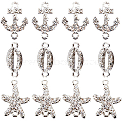 30Pcs 3 Styles Alloy Connector Charms with Crystal Rhinestone, Oval & Anchor & Starfish, Platinum, 8~22x13.5~18.5x2~2.5mm, Hole: 1~1.8mm, 10pcs/style(FIND-SC0007-89)