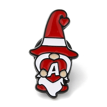 Christmas Dwarf/Gnome with Heart Enamel Pins for Women, Electrophoresis Black Alloy Brooch for Backpack Clothes, Letter A, 25x14x1.5mm