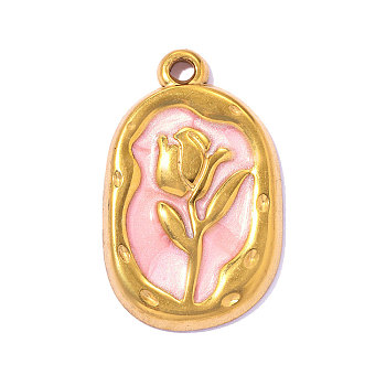 304 Stainless Steel Enamel Pendants, Oval Charms, Ion Plating(IP), Real 18K Gold Plated, Pink, 24x15mm, Hole: 2mm