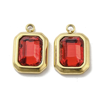 Real 14K Gold Plated 304 Stainless Steel Pendants, with Glass, Rectangle Charms, Red, 13.5x9x4mm, Hole: 1.4mm