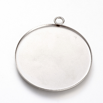 201 Stainless Steel Pendant Cabochon Settings, Plain Edge Bezel Cups, Flat Round, Stainless Steel Color, Tray: 40mm, 45.5x41x1.5mm, Hole: 3mm