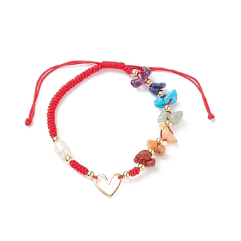 Natural Mixed Stone & Freshwater Pearl Braided Bead Bracelets, Brass Heart Link Bracelet for Men Women, Red, Inner Diameter: 2~3-5/8 inch(5.1~9.1cm)