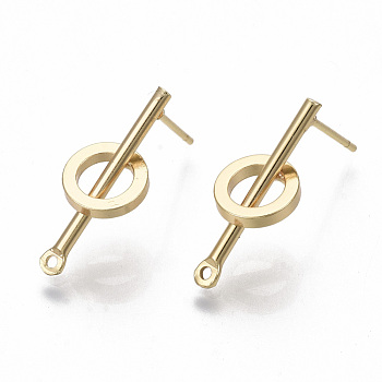 Brass Stud Earring Findings, with Loops, Nickel Free, Bar with Ring, Real 18K Gold Plated, 20.5x8mm, Hole: 1mm, Pin: 0.7mm
