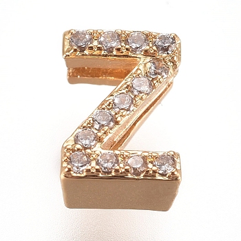 Golden Plated Brass Micro Pave Cubic Zirconia Slide Charms, Letter, Clear, Letter.Z, 7~7.5x1.5~6.5x3mm, Hole: 6x1mm