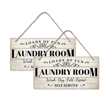 Natural Wood Hanging Wall Decorations, with Jute Twine, Rectangle with Word Laundry Room, White, Word, 15x30x0.5cm