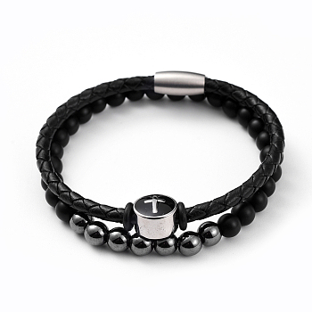 Unisex Leather Cord Bracelet and Stretch Bracelet Jewelry Sets, Stackable Bracelets, with Natural Black Agate & Non-magnetic Hematite Beads, 304 Stainless Steel Magnetic Clasps and Enamel Beads, with Burlap Bag, 2-1/8 inch(5.5cm), 7-5/8 inch(19.5cm), 2pcs/set