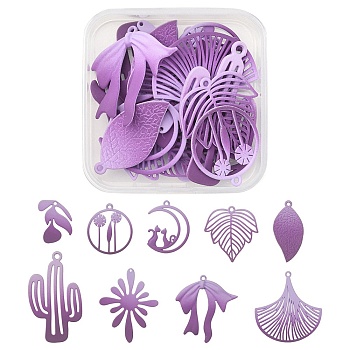 1 Set Spray Painted Alloy Charms, Flower & Leaf & Bowknot & Cactus & Moon, Medium Purple, 21~44.5x15~33.5x1~2.5mm, Hole: 1.2~1.5mm, 18pcs/set
