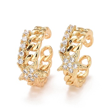 Cubic Zirconia Star Cuff Earrings, Real 18K Gold Plated Brass Jewelry for Non Piercing, Lead Free & Cadmium Free, Clear, Inner Diameter: 10mm, 3~6.5mm