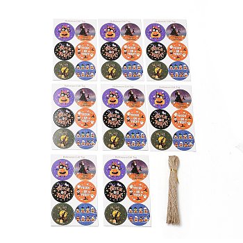 Paper Round Hanging Tags Candy Box Cookies Bag Message Cards for Halloween, with Jute Rope, Halloween Themed Pattern, 40mm, Hole: 3.5mm, 6 pcs/sheet, 8 sheets