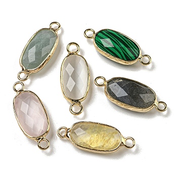 Natural & Synthetic Mixed Gemstone Connector Charms, Faceted Oval Charms with Light Gold Plated Brass Edge, 23~24x9~9.5x5~5.5mm, Hole: 2mm