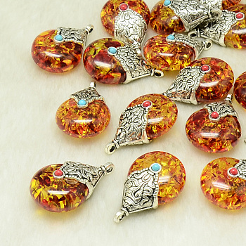 Resin Pendants, with Antique Silver Alloy Findings, Imitation Amber, Sienna, 35~36x22~22.5x17mm, Hole: 2.5~3mm