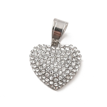 304 Stainless Steel Pendants, with Crystal Rhinestone, Heart Charms, Stainless Steel Color, 18x18x5.5mm, Hole: 7.5x4.5mm