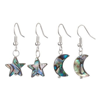 Natural Abalone Shell/Paua Shell Dangle Earring, with Iron Earring Hooks Finding, Star/Moon, Silver, 34~36.5x11~13mm, 2 pairs/set