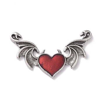 Alloy Emanel Big Pendants, Heart with Wing Charm, Antique Silver, Dark Red, 34x54x3mm, Hole: 1.5mm