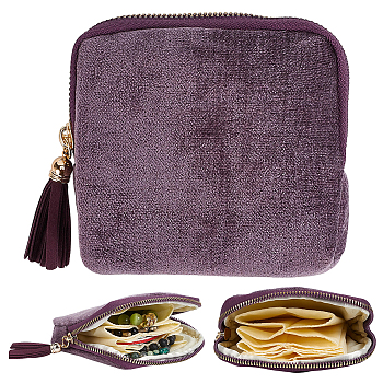 Velvet Jewelry Storage Zipper Pouches, Rectangle with Tassel, Old Rose, 11.5x12.7x3.15cm