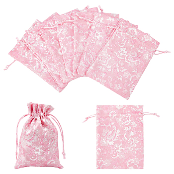 Polyester Pouches, Drawstring Bag, Rectangle with Floral Pattern, Pearl Pink, 14x11x0.3cm