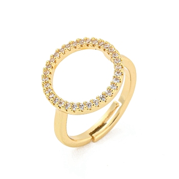 Round Ring Brass Micro Pave Clear Cubic Zirconia Adjustable Rings, Long-Lasting Plated, Golden, US Size 6 3/4(17.1mm)