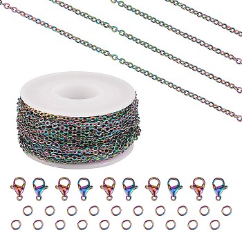 DIY Chain Jewelry Set Making Kit, Including Rainbow Color Ion Plating(IP) 304 Stainless Steel 5M Cable Chains & 10Pcs Clasps & 20Pcs Jump Rings, 1Pc Plastic Spool, Rainbow Color, Cable Chains:  3x2.5x0.5mm
