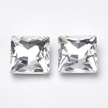 Pointed Back Glass Rhinestone Cabochons, Back Plated, Faceted, Square, Clear, 8x8x4mm