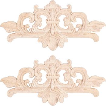 Olycraft Rubber Wood Carved Onlay Applique, Center Flower Long Applique, for Door Cabinet Bed Unpainted Decor European Style, BurlyWood, 10x22x0.8cm