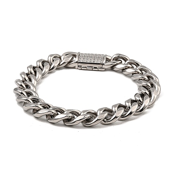 304 Stainless Steel Cuban Link Chain Bracelet, with Cubic Zirconia Clasps, Stainless Steel Color, 9-1/4 inch(23.4cm)