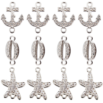 30Pcs 3 Styles Alloy Connector Charms with Crystal Rhinestone, Oval & Anchor & Starfish, Platinum, 8~22x13.5~18.5x2~2.5mm, Hole: 1~1.8mm, 10pcs/style