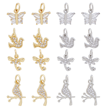 16Pcs 8 Style Brass Micro Pave Cubic Zirconia Charms, with Jump Ring, Bird/Butetrfly/Dragonfly Charm, Platinum & Golden, 9~14x10~11x1.5~3mm, Hole: 3.2~3.4mm, 2pcs/style