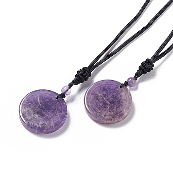Natural Amethyst Flat Round with Hexagon Pendant Necklace with Nylon Cord for Women, 25.59~27.95 inch(65~71cm)