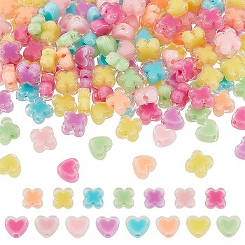 Acrylic Beads, Bead in Bead, Clover/Heart, Mixed Color, 7~8x8x4mm, Hole: 1.8mm, 420pcs/set