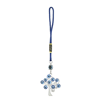 Alloy with Resin Evil Eye Pendant Decoration, with Polyester Braided Rope, Tree of Life, 157mm