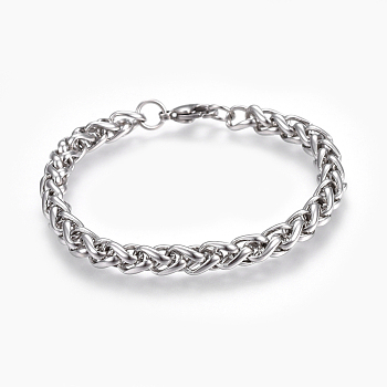 304 Stainless Steel Wheat Chain Bracelets, with Lobster Claw Clasps, Stainless Steel Color, 8-3/8 inch(21.4cm), 7mm